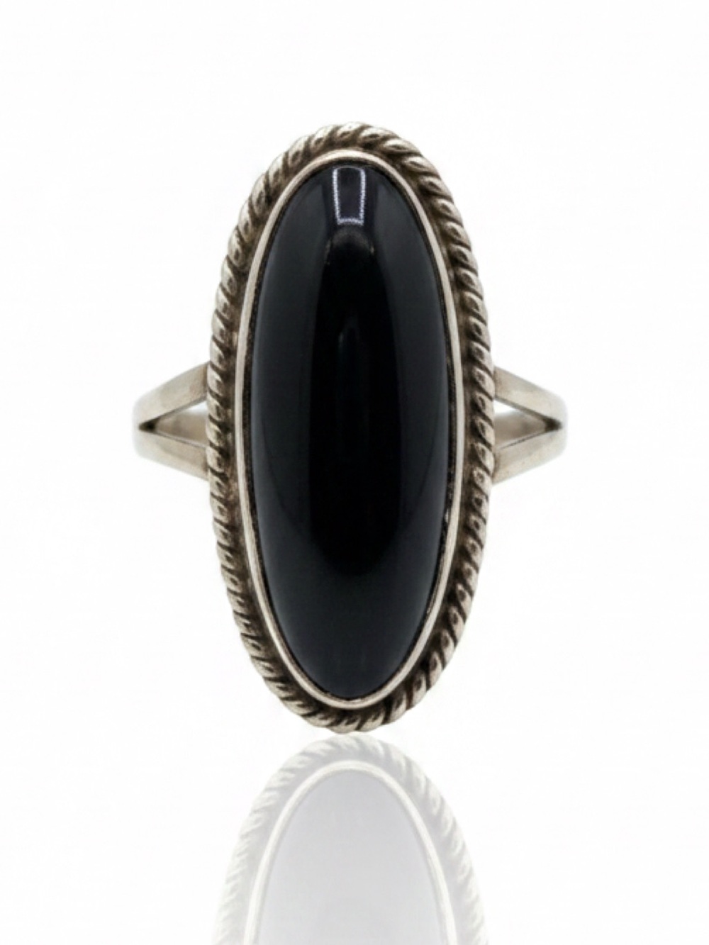 Authentic Signed M.L. Navajo Sterling Silver Black Onyx Oval Ring Sz 6.5